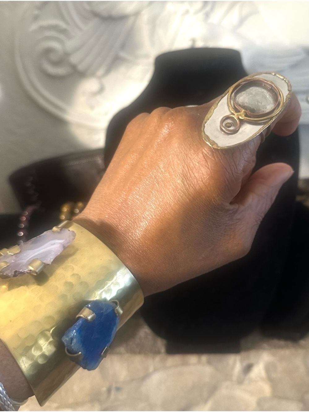 New Hammered brass Cuff Blue and Lavender gemstones FREE Ring Gladiator